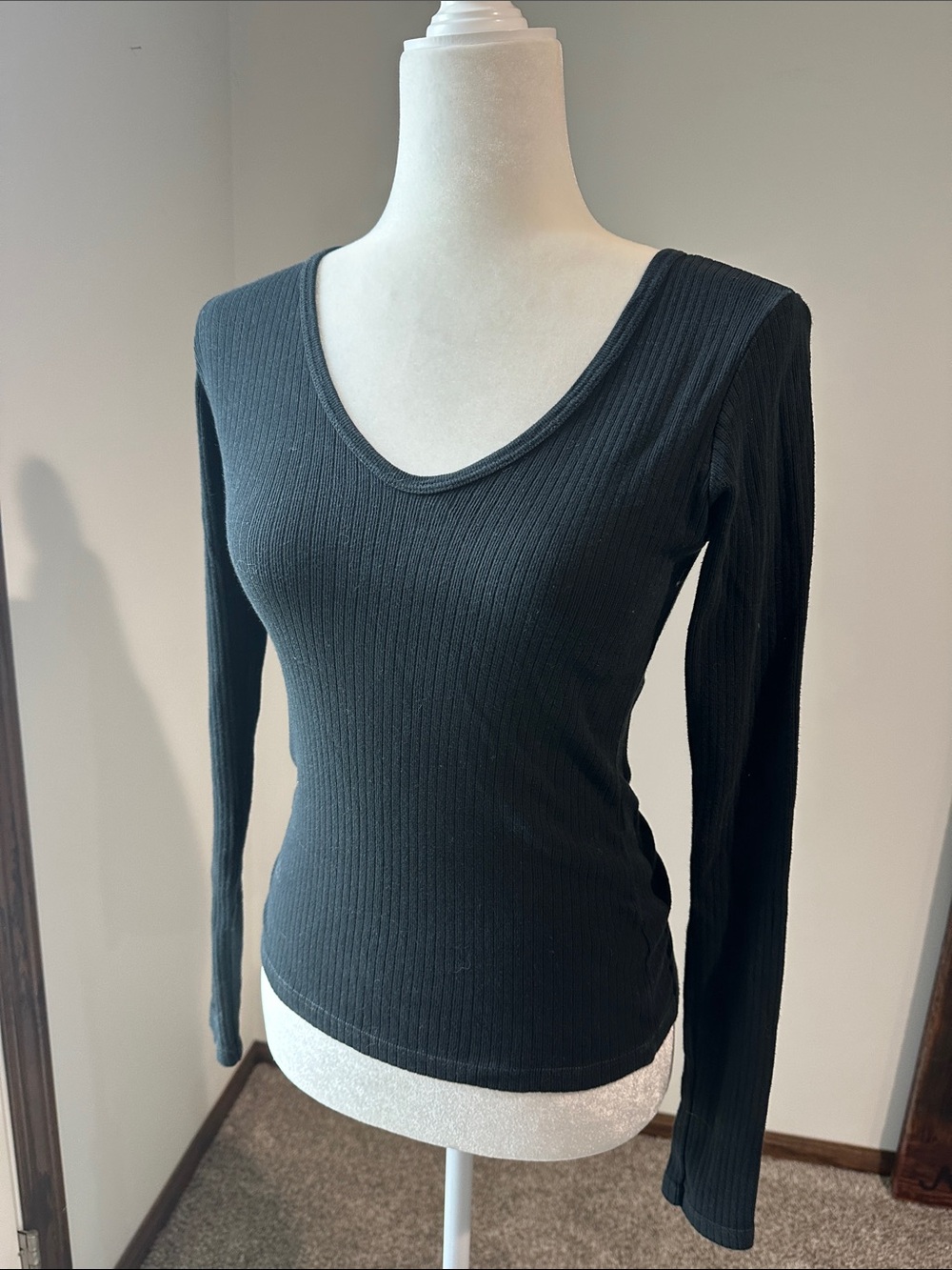 Brandy Melville Black Ribbed Scoop Neck Long Sleeve Top